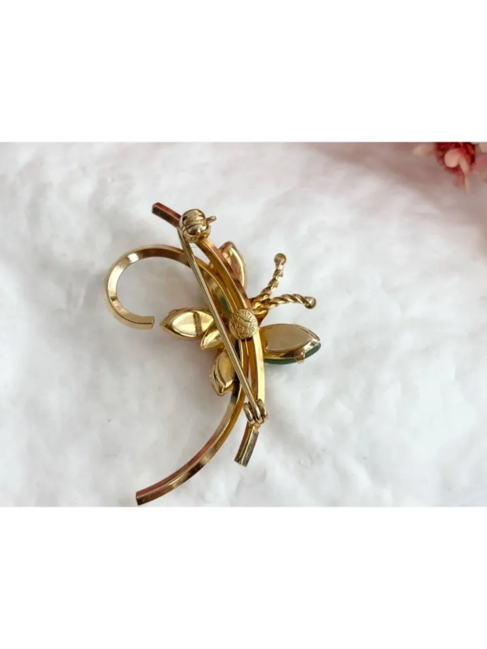 12k Gold Filled Carl Art Butterfly Figural Coral & Jade Vintage Brooch Pin